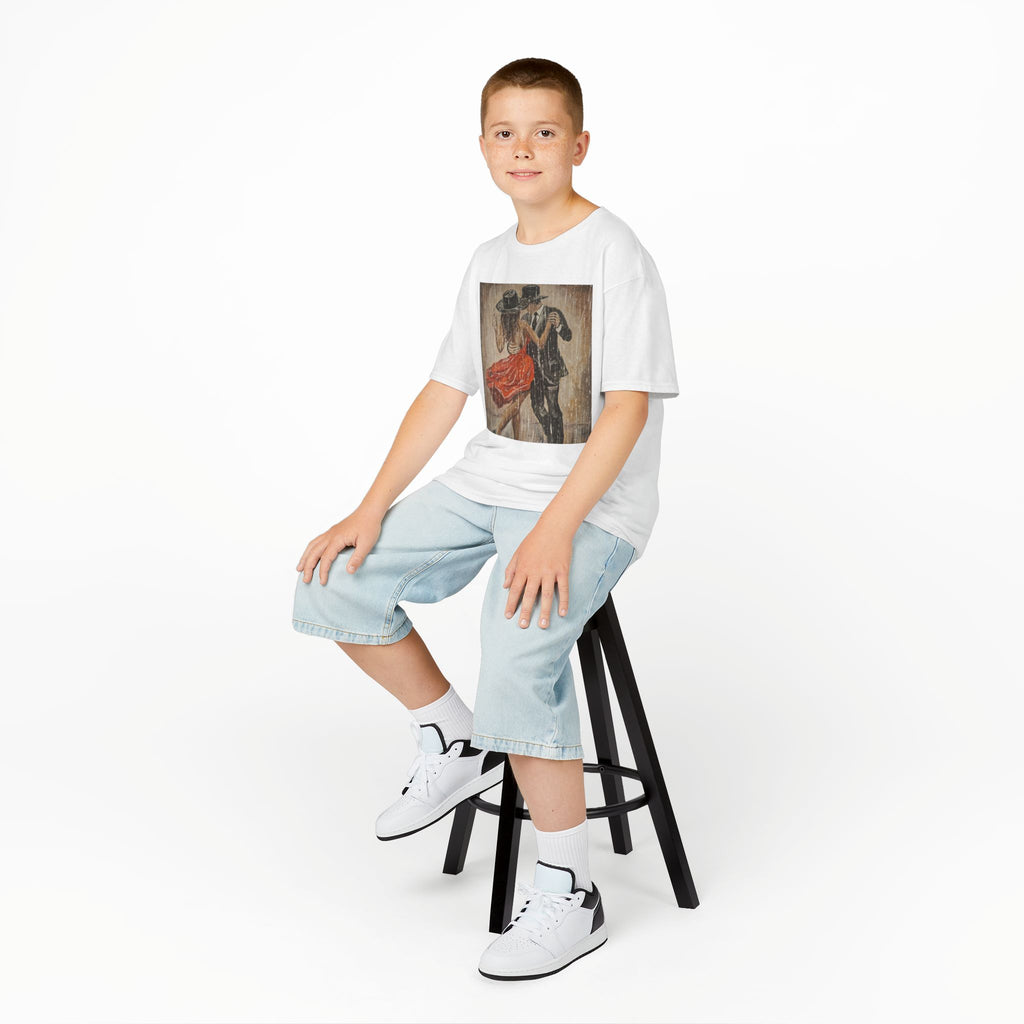 Kids Dance & Violin Art Tee — Vintage Ballroom Couple & Violinist Graphic Shirt
