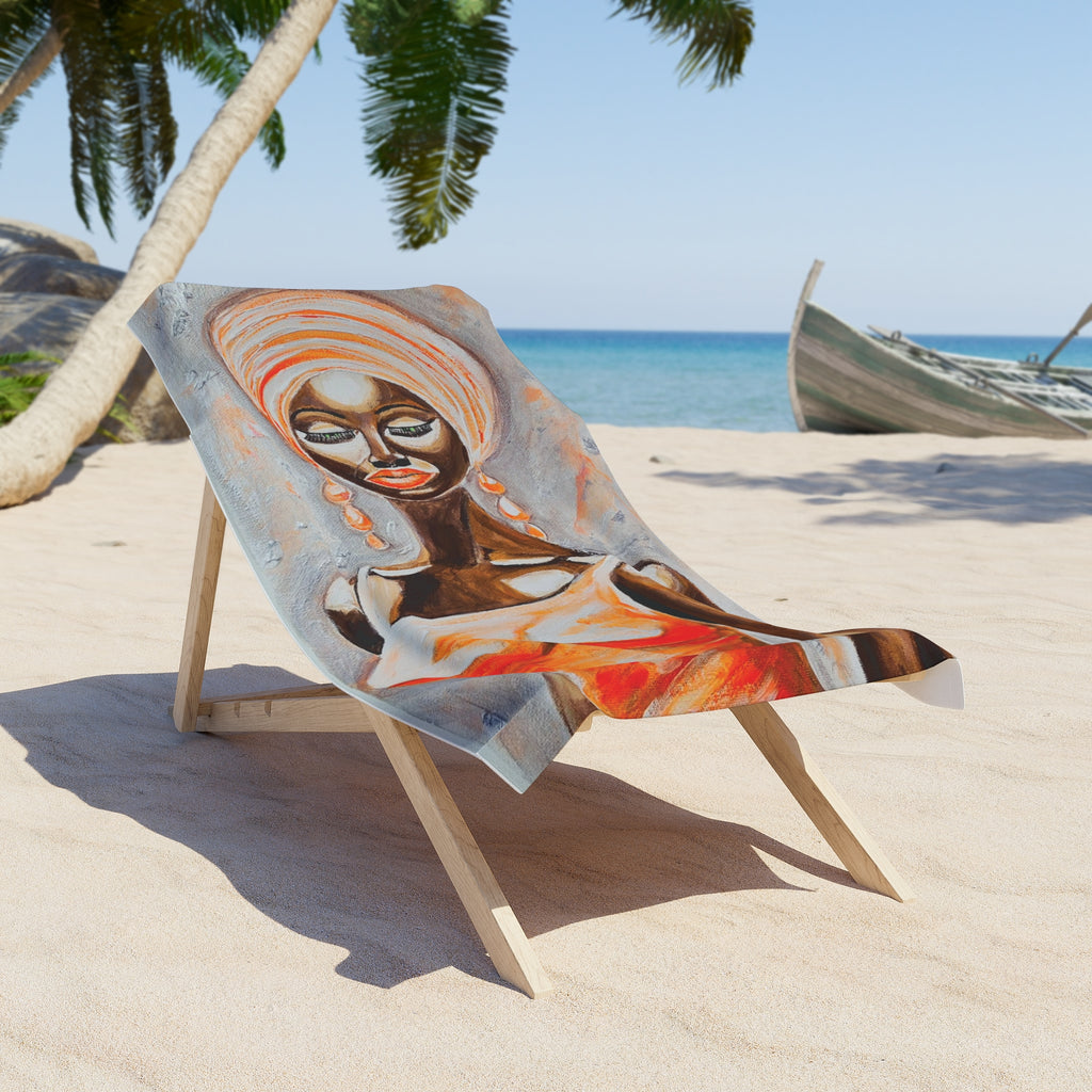 African Goddess Beach Towel — Vibrant Orange Turban Art Print