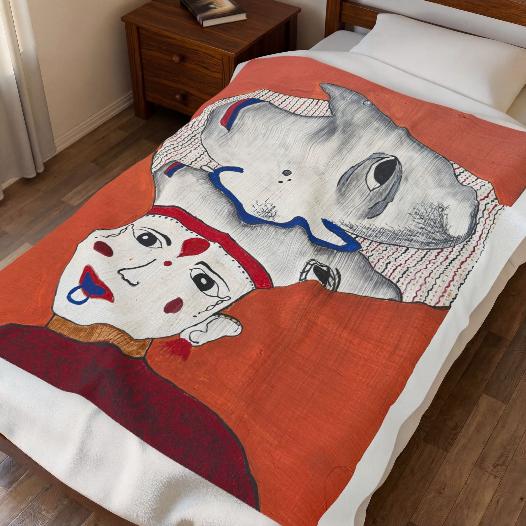 Surreal Portrait with Fish Headdress Velveteen Plush Blanket | Abstract Folk Art