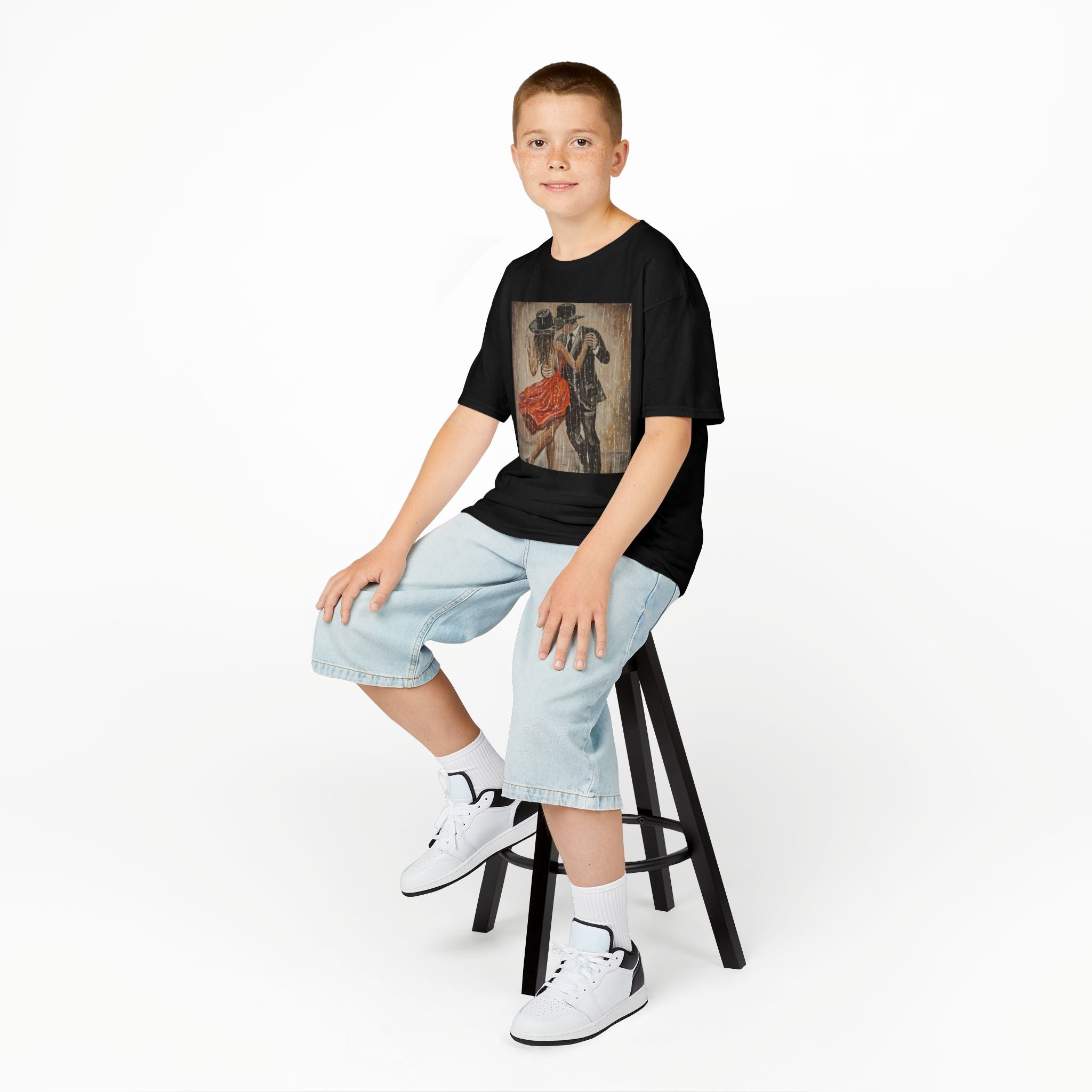 Kids Dance & Violin Art Tee — Vintage Ballroom Couple & Violinist Graphic Shirt