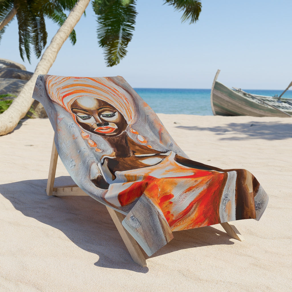 African Goddess Beach Towel — Vibrant Orange Turban Art Print