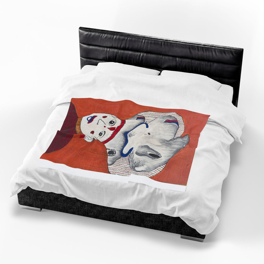 Surreal Portrait with Fish Headdress Velveteen Plush Blanket | Abstract Folk Art