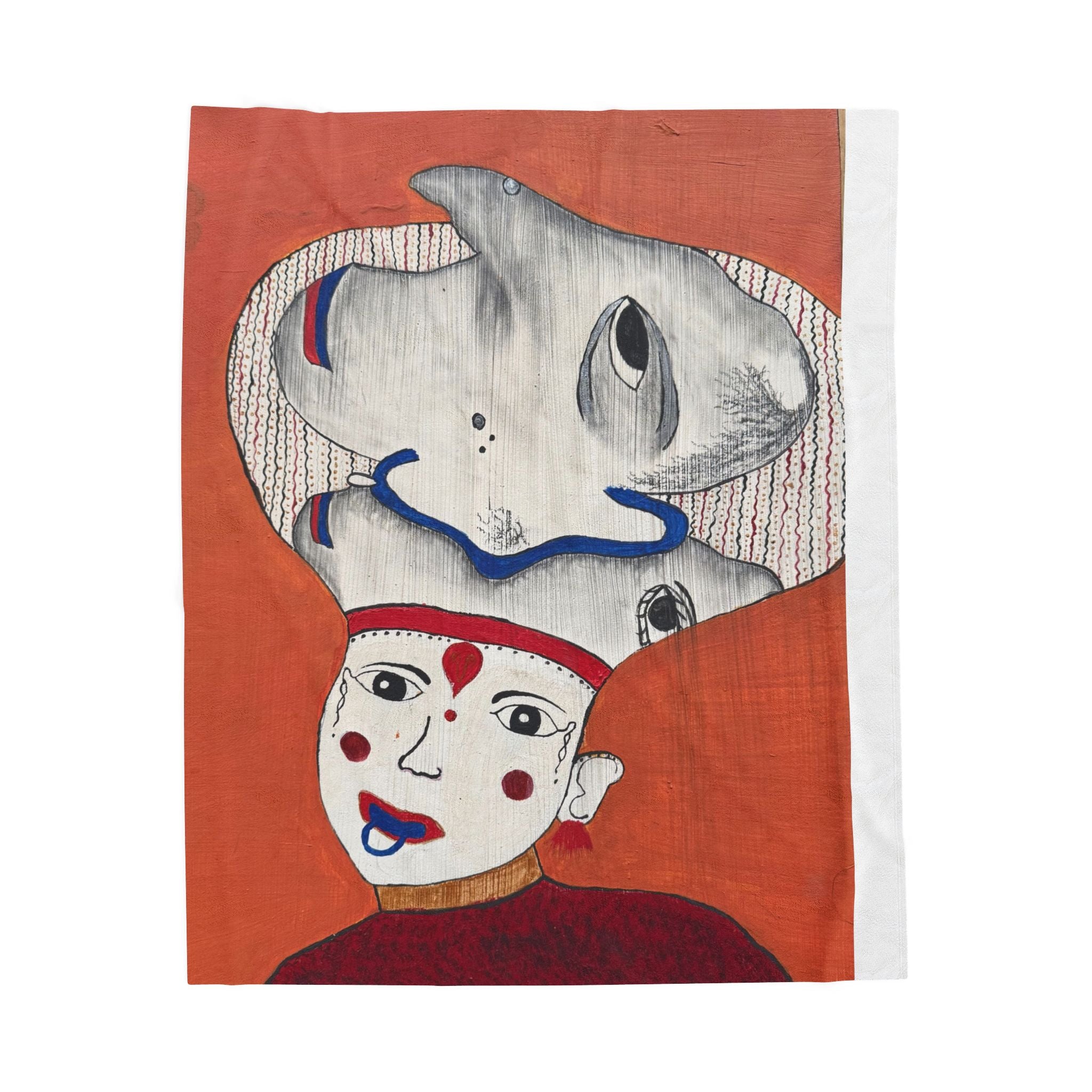Surreal Portrait with Fish Headdress Velveteen Plush Blanket | Abstract Folk Art