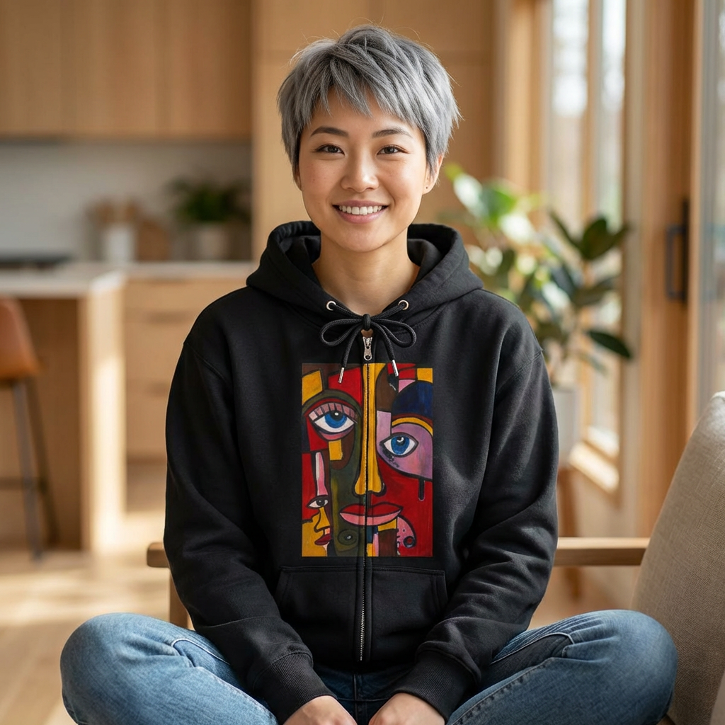 Abstract Colorful Face Zip Hoodie | Surreal Portrait Graphic