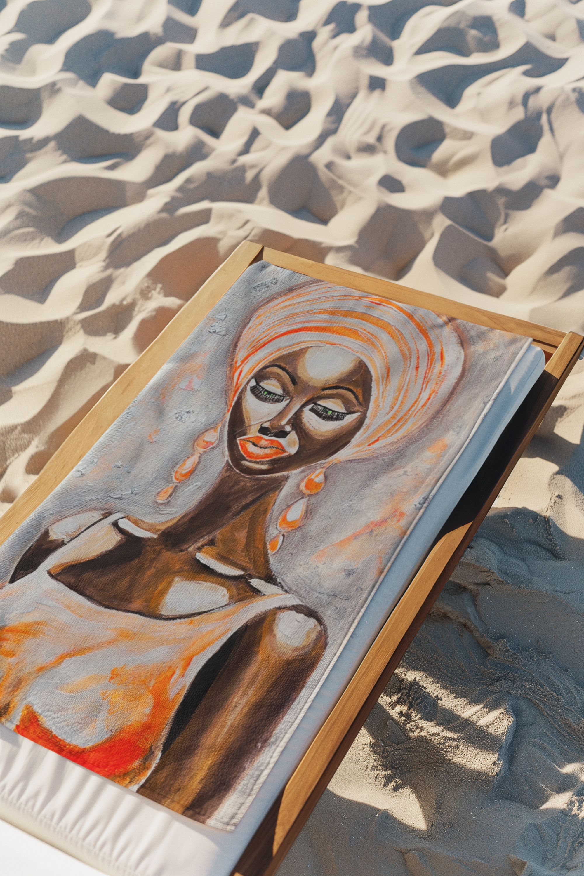 African Goddess Beach Towel — Vibrant Orange Turban Art Print