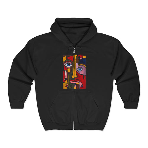 Abstract Colorful Face Zip Hoodie | Surreal Portrait Graphic