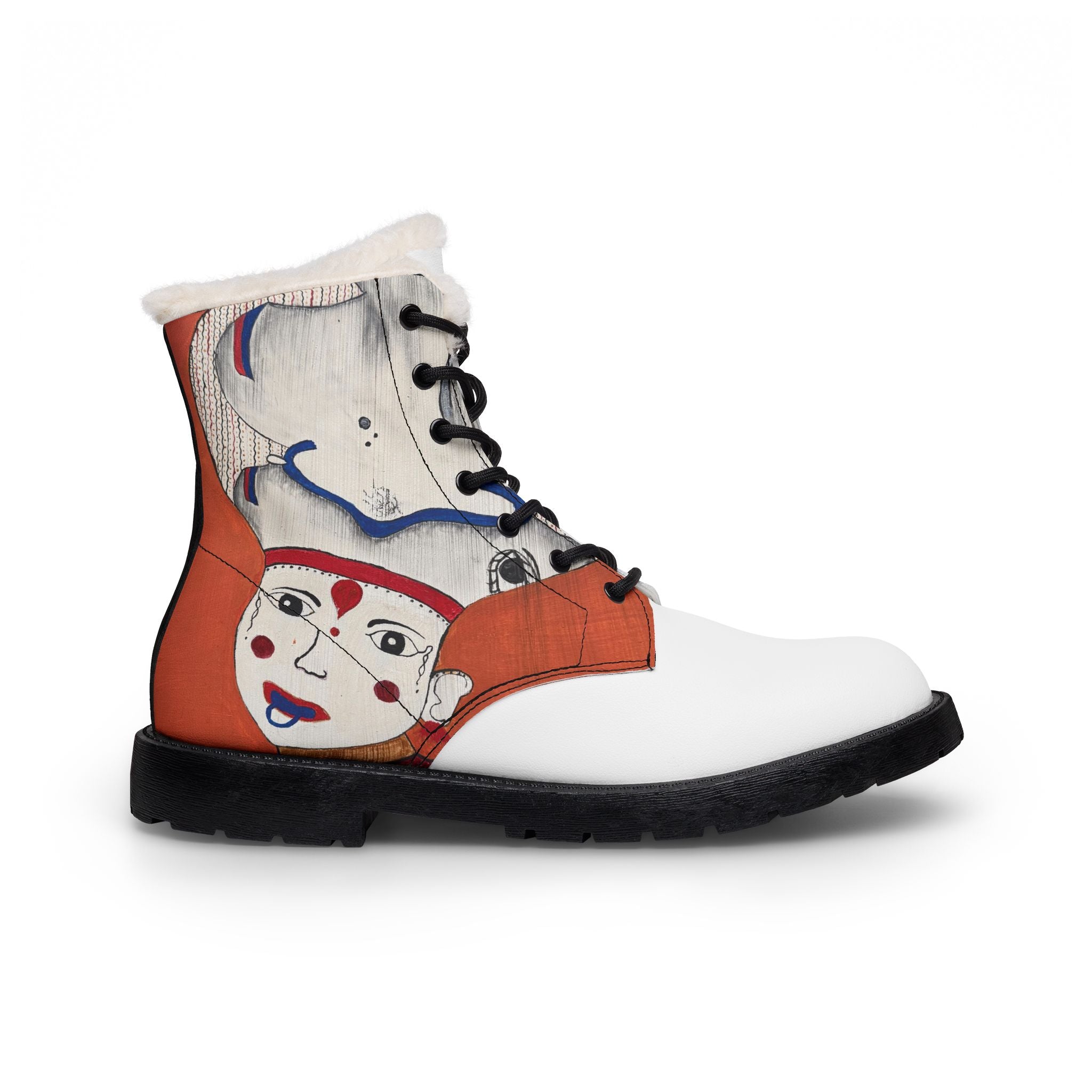 Hand-Painted Face Illustration Boots | Fur-Lined Leather Boots