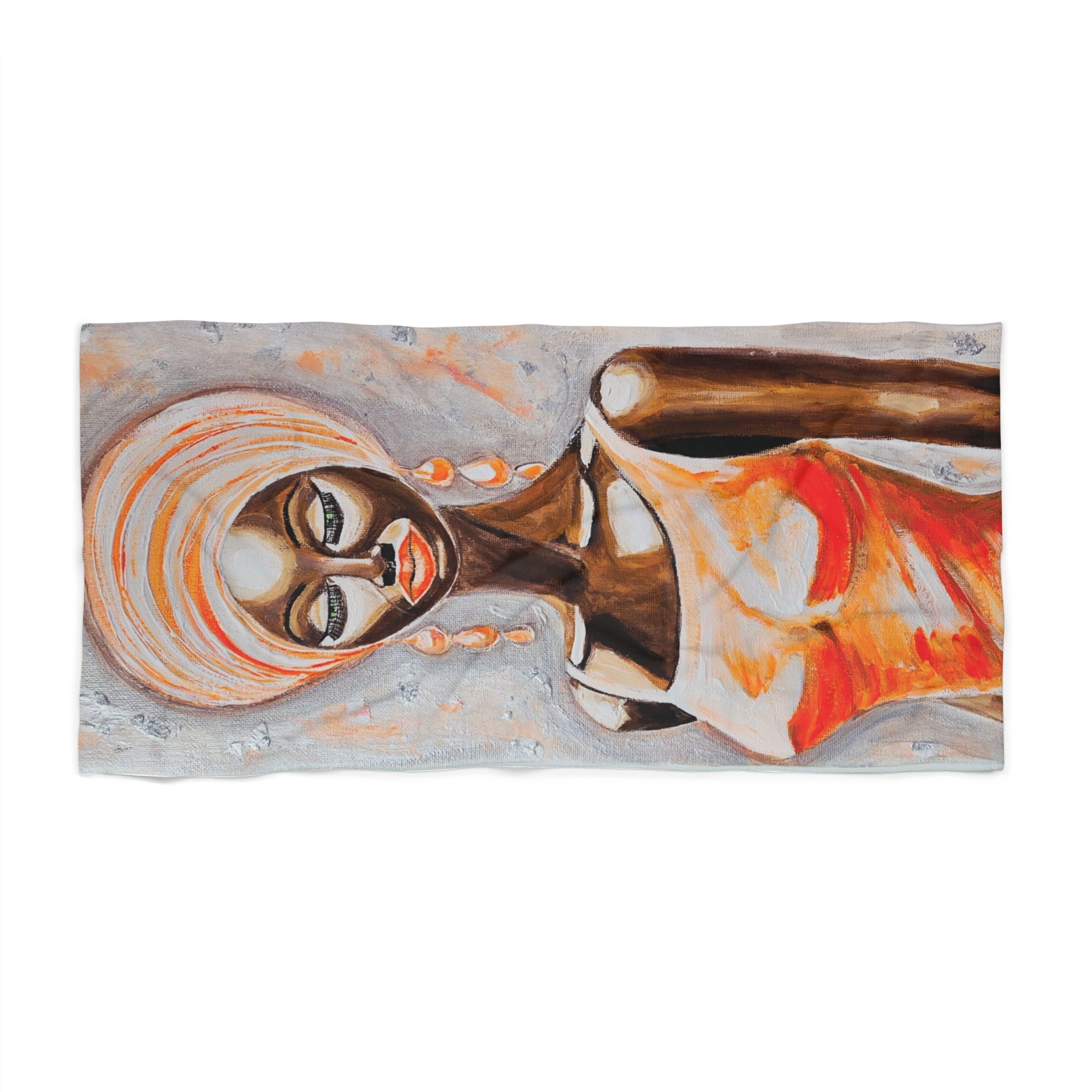 African Goddess Beach Towel — Vibrant Orange Turban Art Print