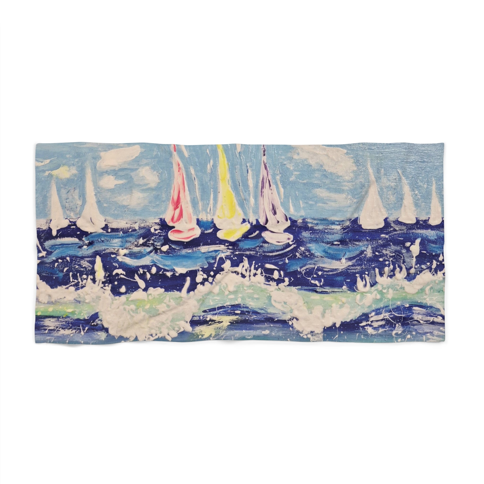 Sailboats on Waves Beach Towel – Nautical Seaside Summer Towel