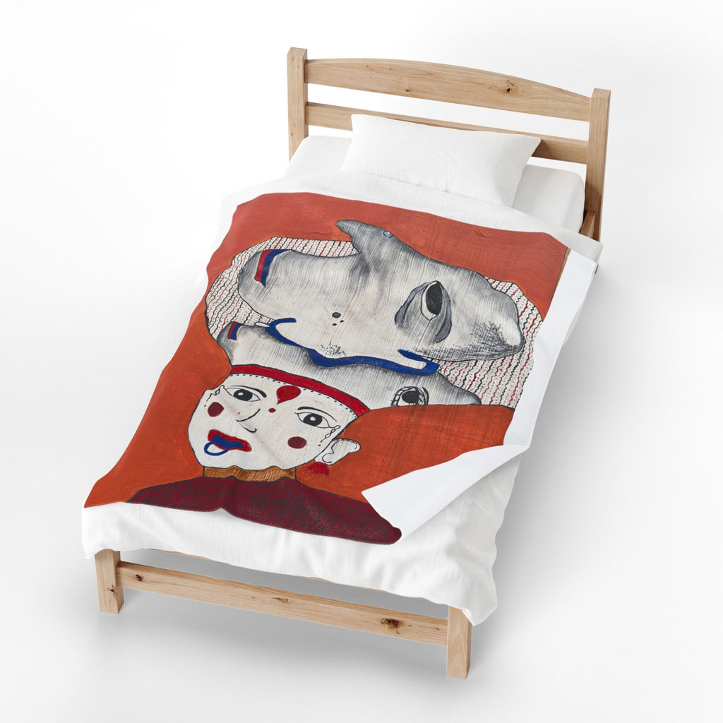 Surreal Portrait with Fish Headdress Velveteen Plush Blanket | Abstract Folk Art