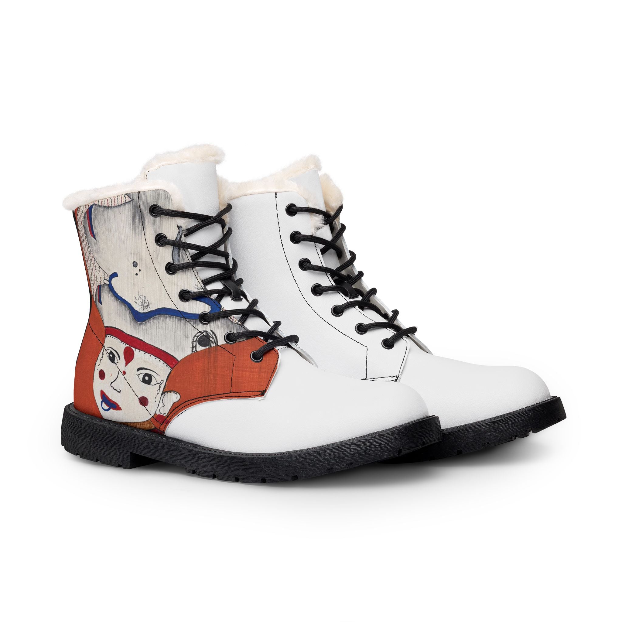Hand-Painted Face Illustration Boots | Fur-Lined Leather Boots