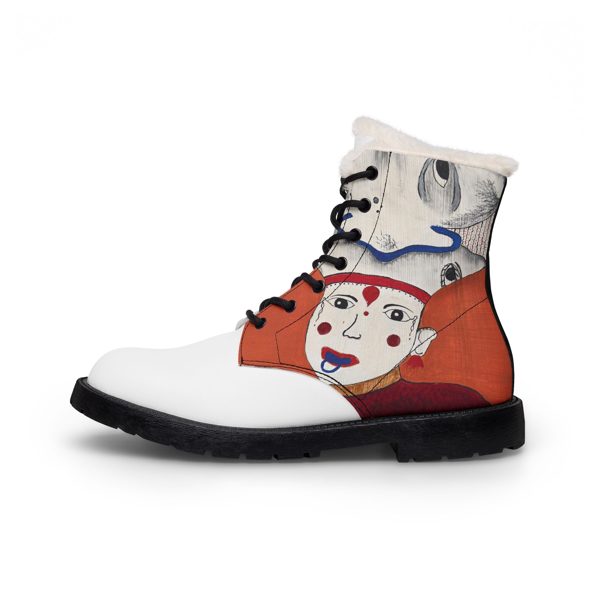 Hand-Painted Face Illustration Boots | Fur-Lined Leather Boots